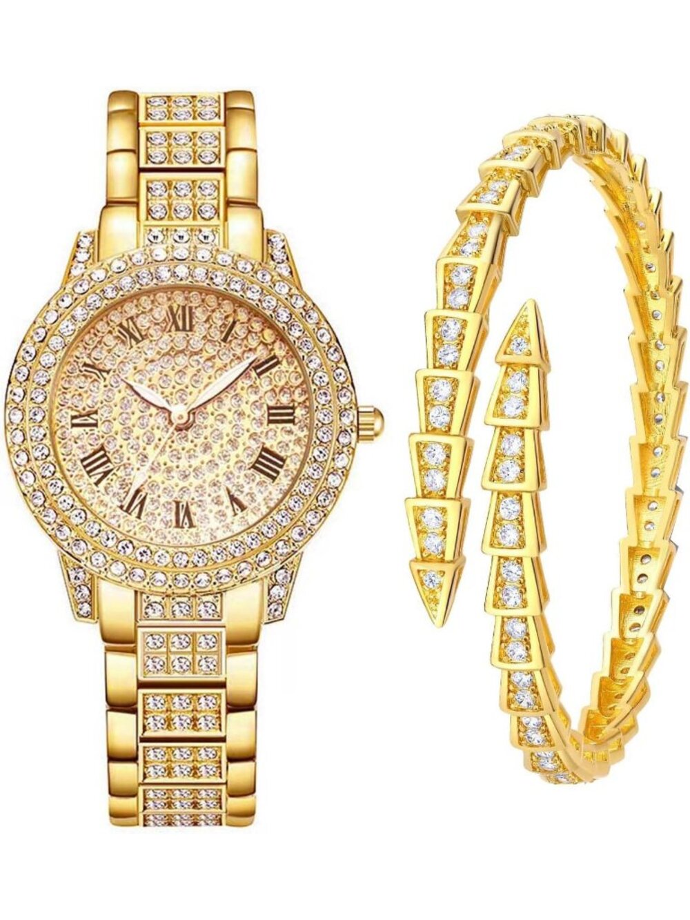 Women's Gold Full Diamond Bling Rhinestone Quartz Crystal Ladies Wrist Watches